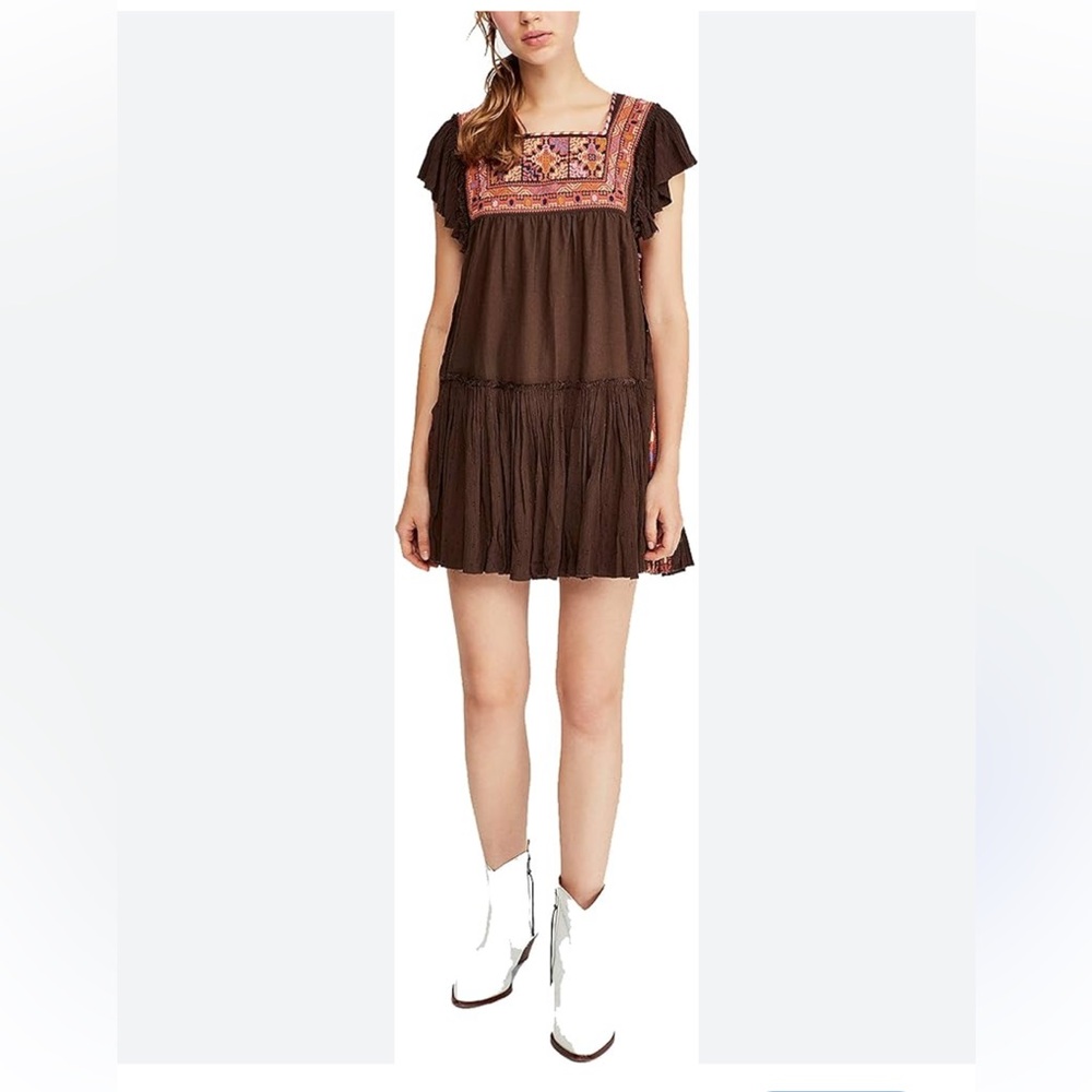 Free People Brown Mini Dress with Pink and Orange Embroidery
